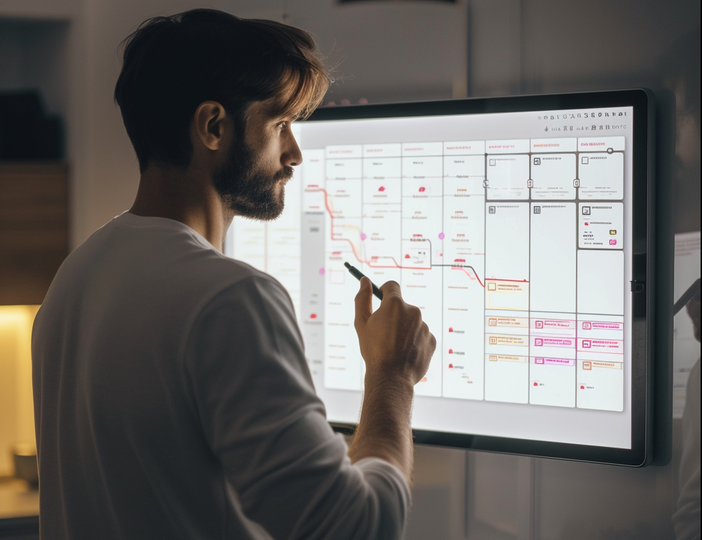 Guy standing in front of a screen, filled with visual workflows.