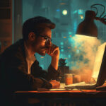 Guy with glasses looking at a laptop screen in the evening with a desk light next to him.