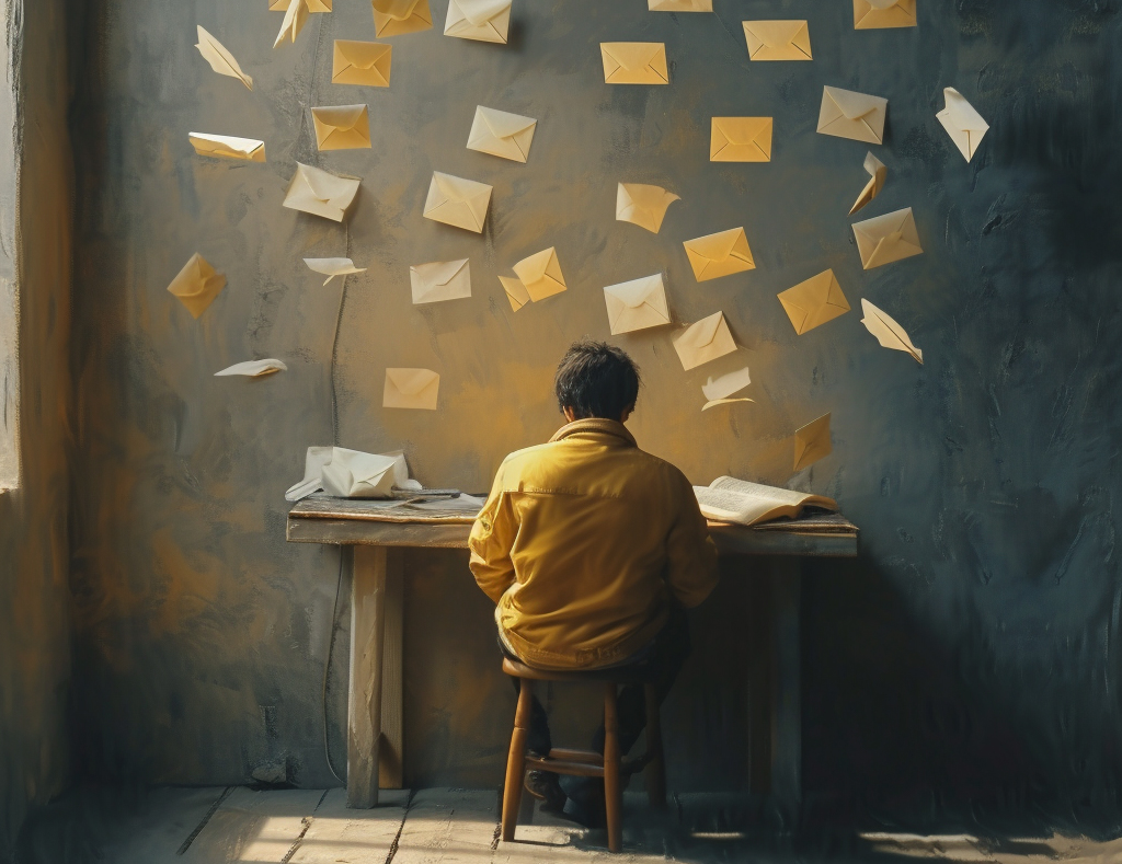 Letters taped on the wall. Guy sitting with his back to the camera on a desk, looking down.